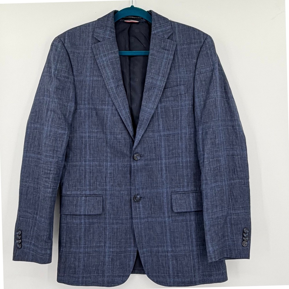 Tommy Hilfiger Mens Blue Glen Plaid 100% Linen Blazer Sport Coat Jacket 38S